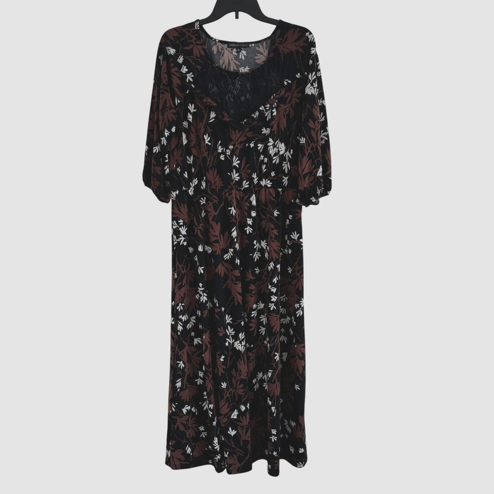Adrienne Vittadini Midi Dress Boho Floral Lace Womens Large Black Brown